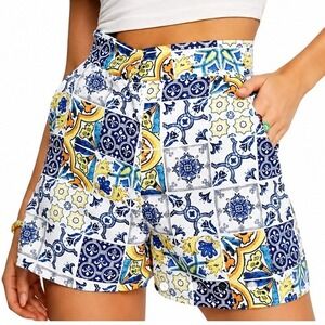 Never Fully Dressed Amalfi Tile Print High Wasted Shorts 3" Inseam Blue Yellow